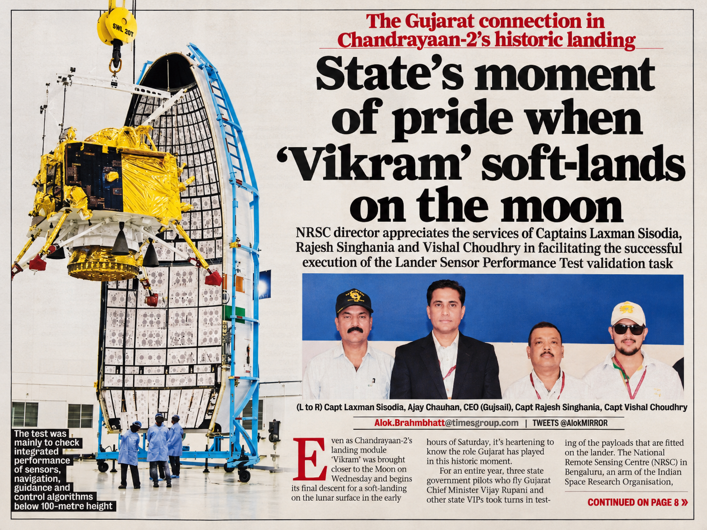 Newspaper feature on Gujarat's contribution to Chandrayaan-2, featuring Ajay Chauhan and the GUJSAIL team