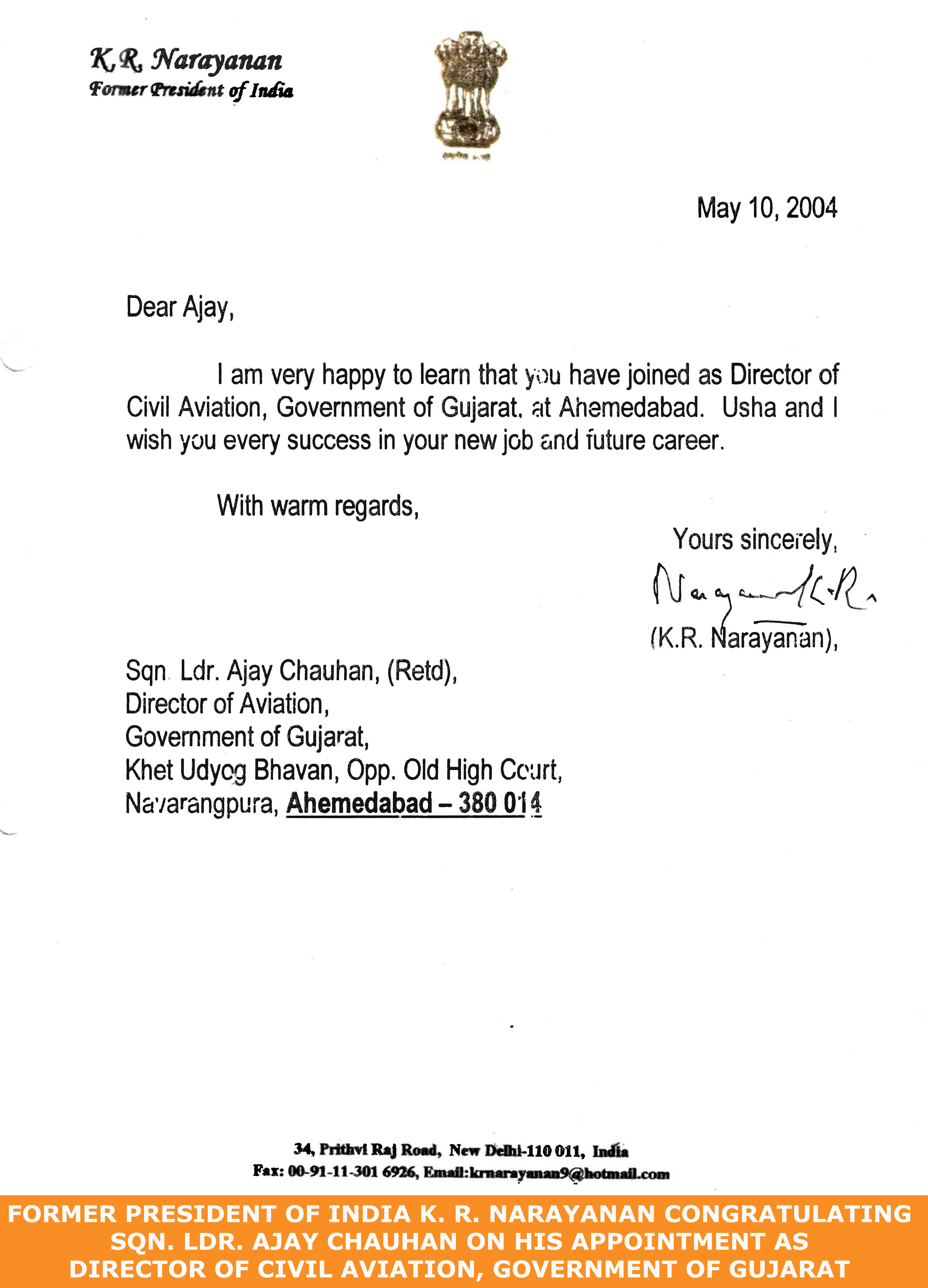 Letter from Former President of India K R Narayanan congratulating Squadron Leader Ajay Chauhan on appointment as Director of Civil Aviation Gujarat in 2004